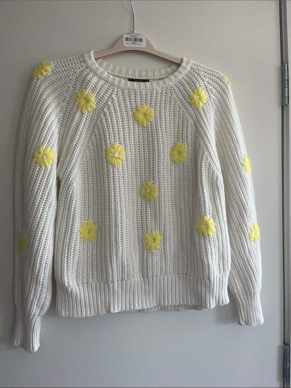 Aqua Cream Knit Crewneck Sweater with Yellow Daisy Accents